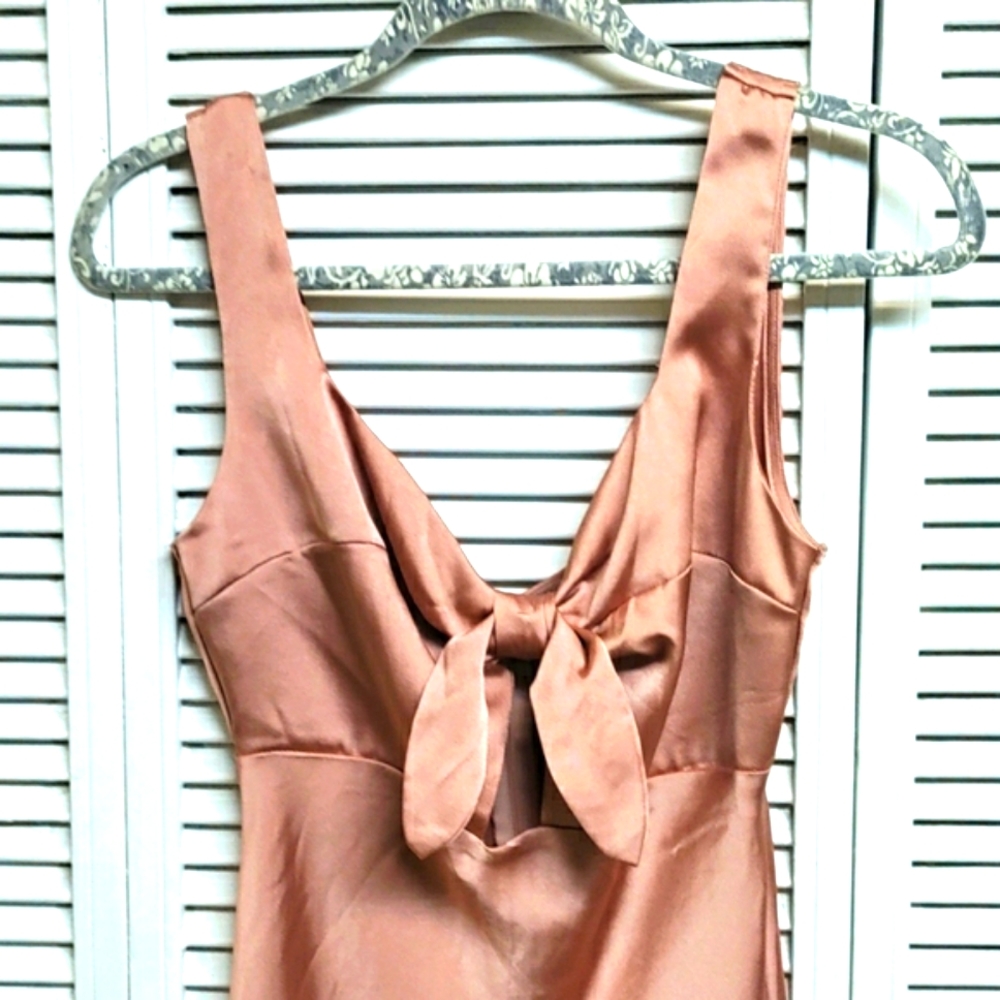 Parallel Lines women's evening dress. Beautiful Blushy orange color, leg slit.